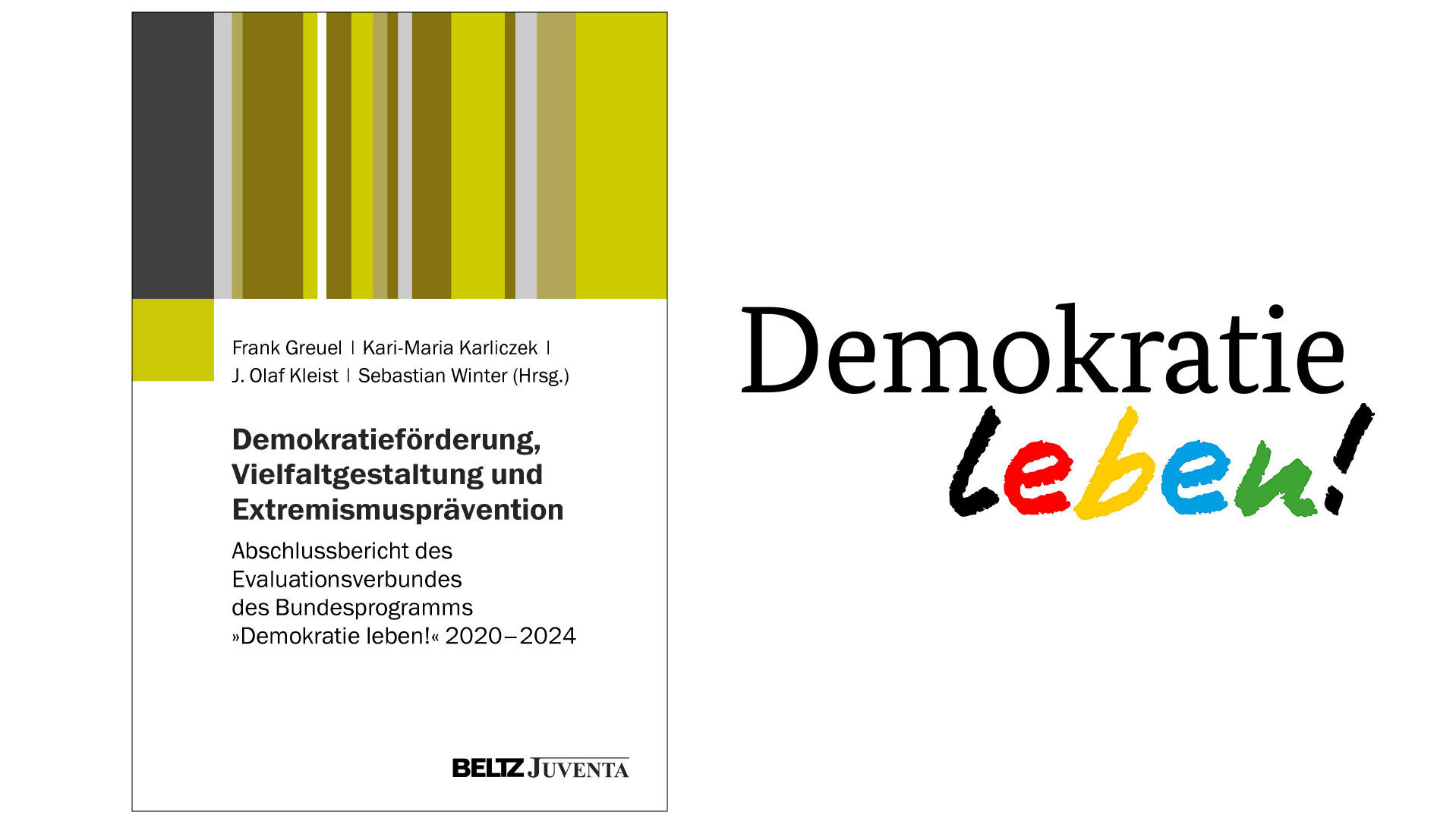Buchcover ‚Demokratieförderung, Vielfaltgestaltung und Extremismusprävention‘ (Abschlussbericht 2020–2024) neben dem bunten Logo des Bundesprogramms ‚Demokratie leben!‘.