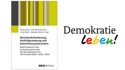 Buchcover ‚Demokratieförderung, Vielfaltgestaltung und Extremismusprävention‘ (Abschlussbericht 2020–2024) neben dem bunten Logo des Bundesprogramms ‚Demokratie leben!‘.