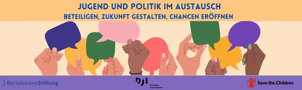 Symbolbild im Bannerformat: Hände die Sprechblasen halten. Die Hände und Sprechblasen zeigen eine Viellfalt auf. Das Bild stammt aus der Adobe Stock Datenbank. Es sind noch alle Logos der beteiligten Veranstalter zu sehen. Bertelsmann Stiftung, Deutsches Jugendinstitut und Save the Children.